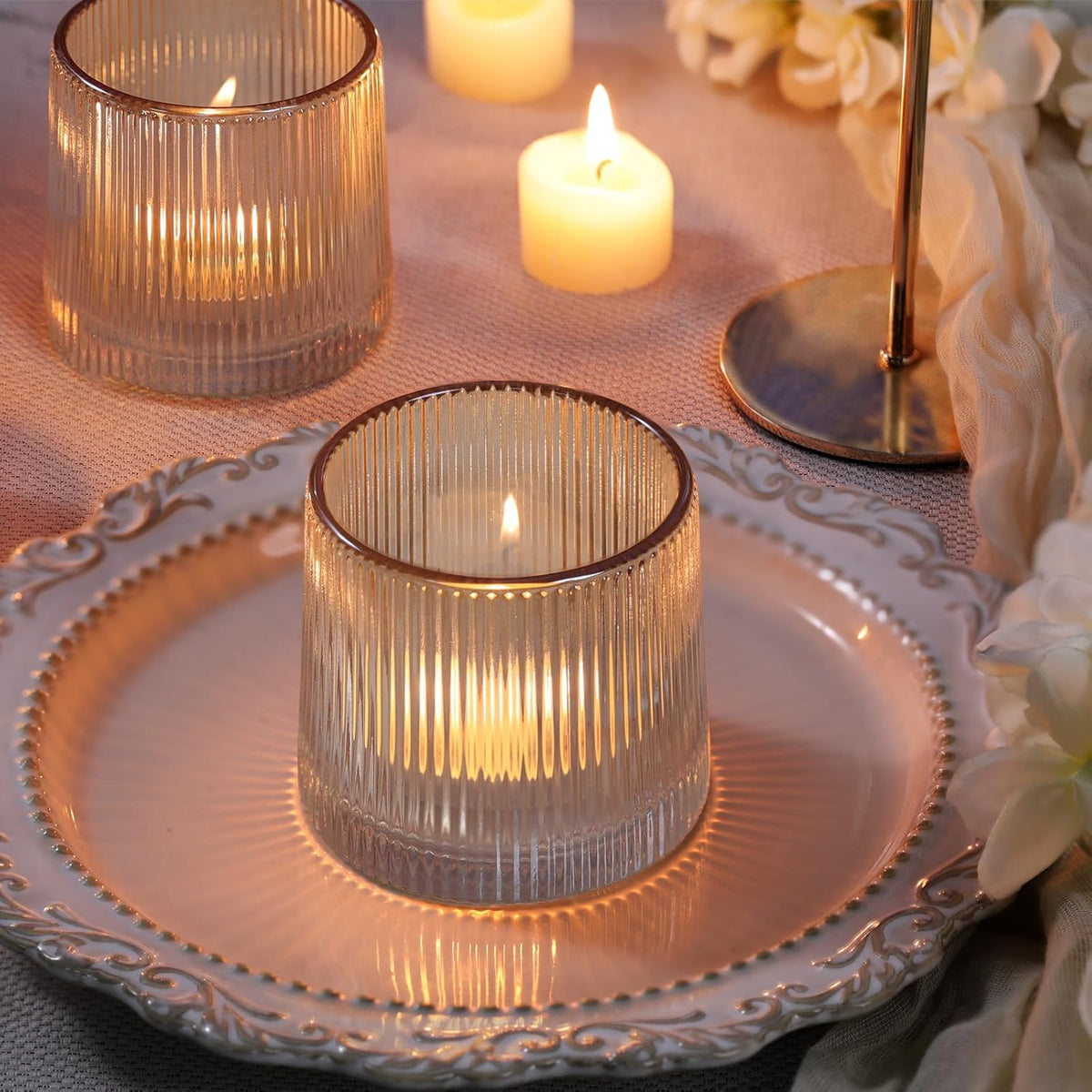 DARJEN Gold Ribbed Tealight Votive Candle Holders- 6Pack Glass Candle Holders for Table