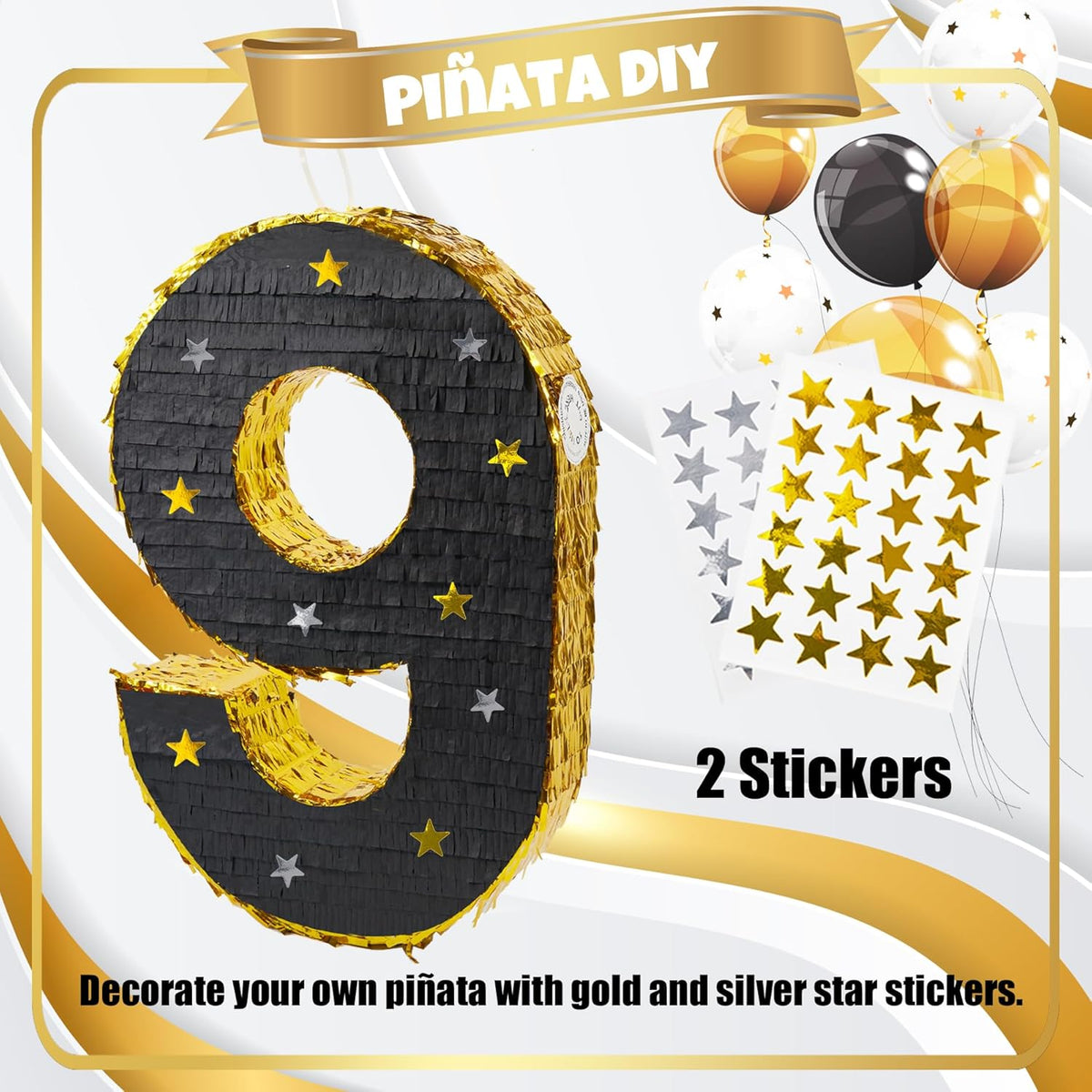PCFING 20 Inch Number 9 Piñata Gold Black with 30 Inch Piñata Stick Blindfold Confetti for Man