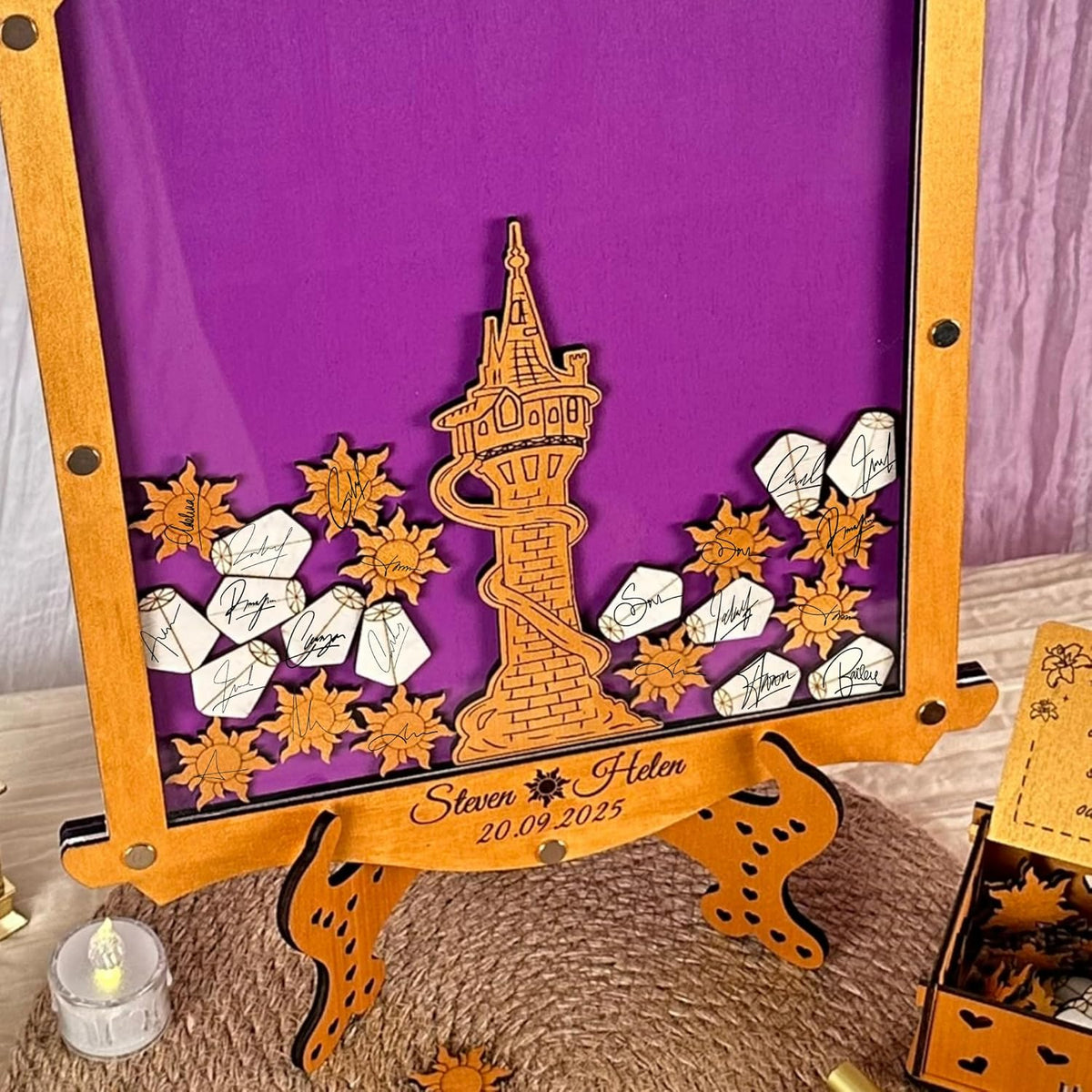 Tangled Guest Book Wedding Alternative | Gold Princess Tower Guestbook | Personalized Wooden Drop