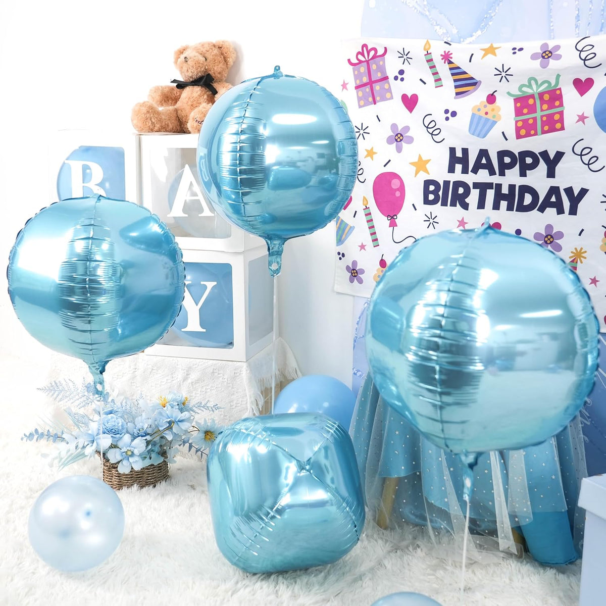 Blue Giant 4D Foil Balloons, Saxuxu 6Pcs Large Metallic Blue Round Balloons, 22 Inch Big Round Foil