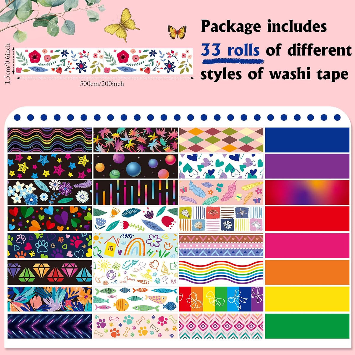 TaoBary 33 Rolls Holiday Plaid Washi Tape, 15 mm Seasonal Washi Tape Set Bohemian Colorful Vintage