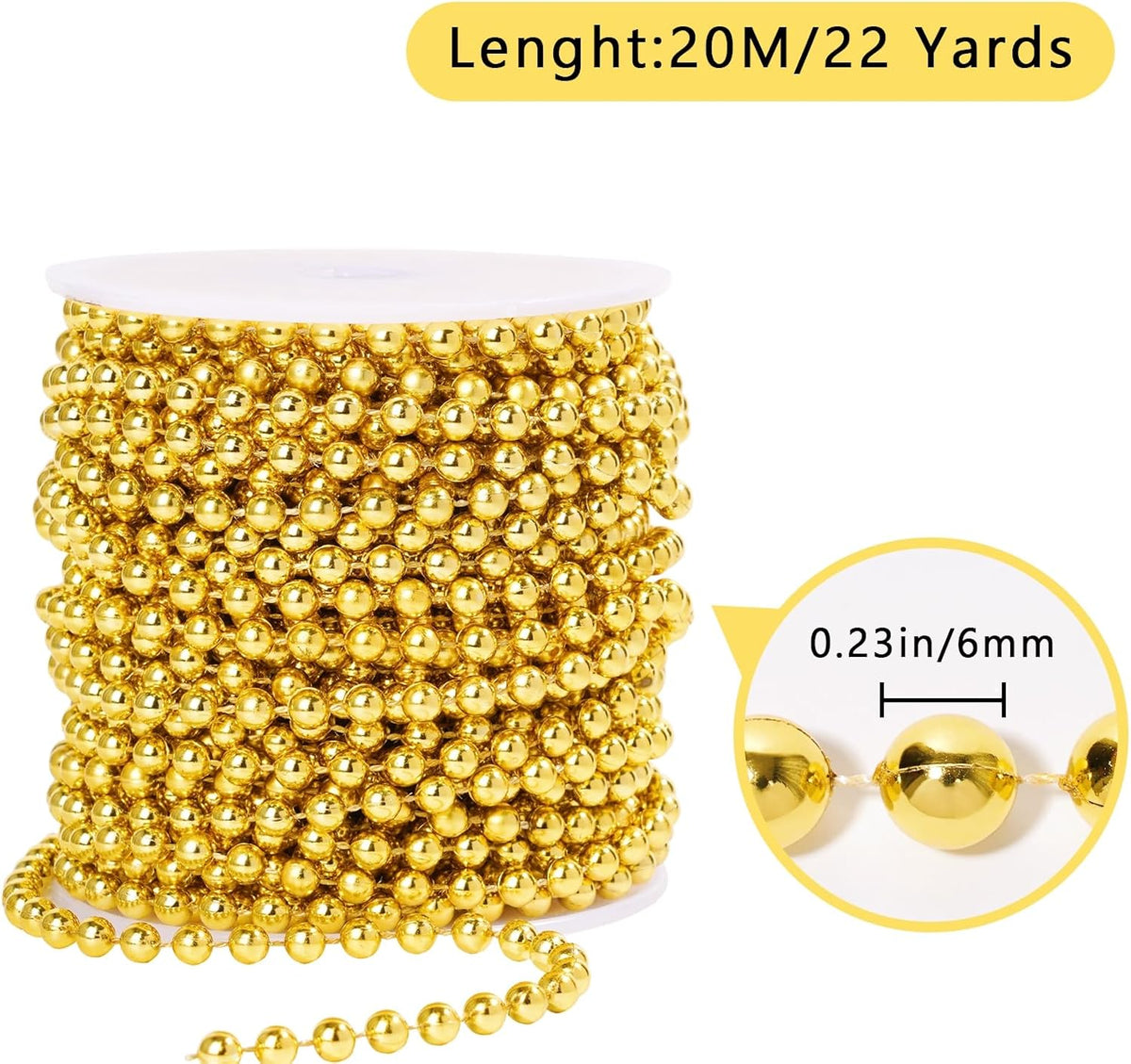 Faux Gold Pearl Beads Garland - 6mm Christmas Tree Beads 22 Yards Spool Pearl String Roll for