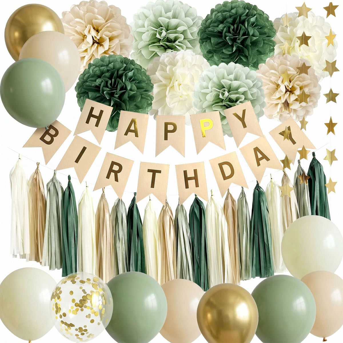 ANSOMO Sage Green Happy Birthday Party Decorations Retro Green Nude Ivory Dark Olive Kraft Paper