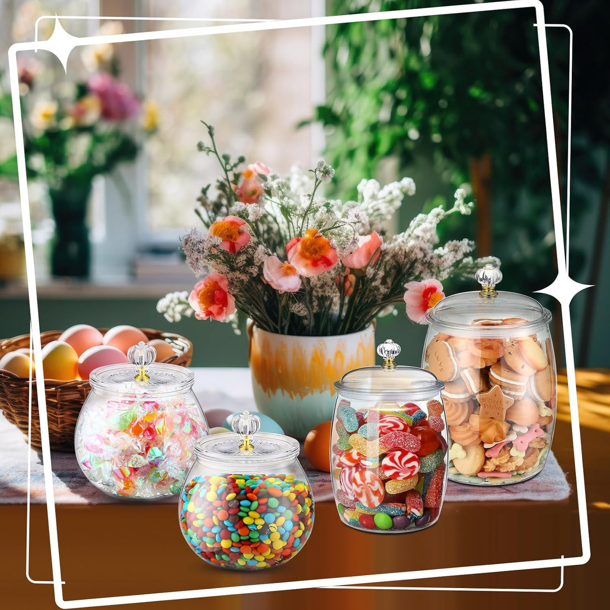 Nuogo 4 Pcs Plastic Candy and Cookie Jars with Lids Clear Cookie Container Candy Jars Large