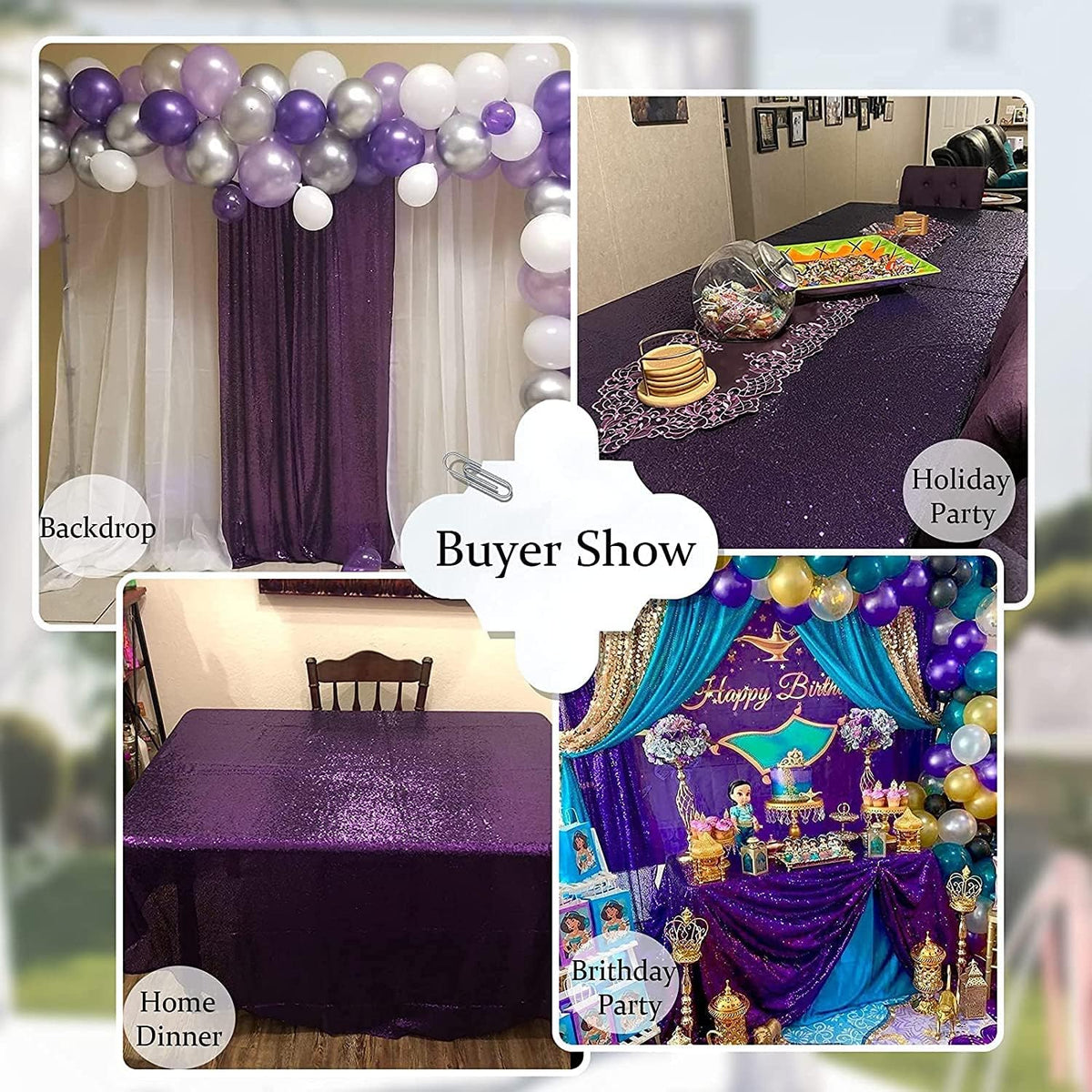 QueenDream Sequin Tablecloth 90"x132" Purple Party Tablecloth Rectangular Seamless Sequin Table