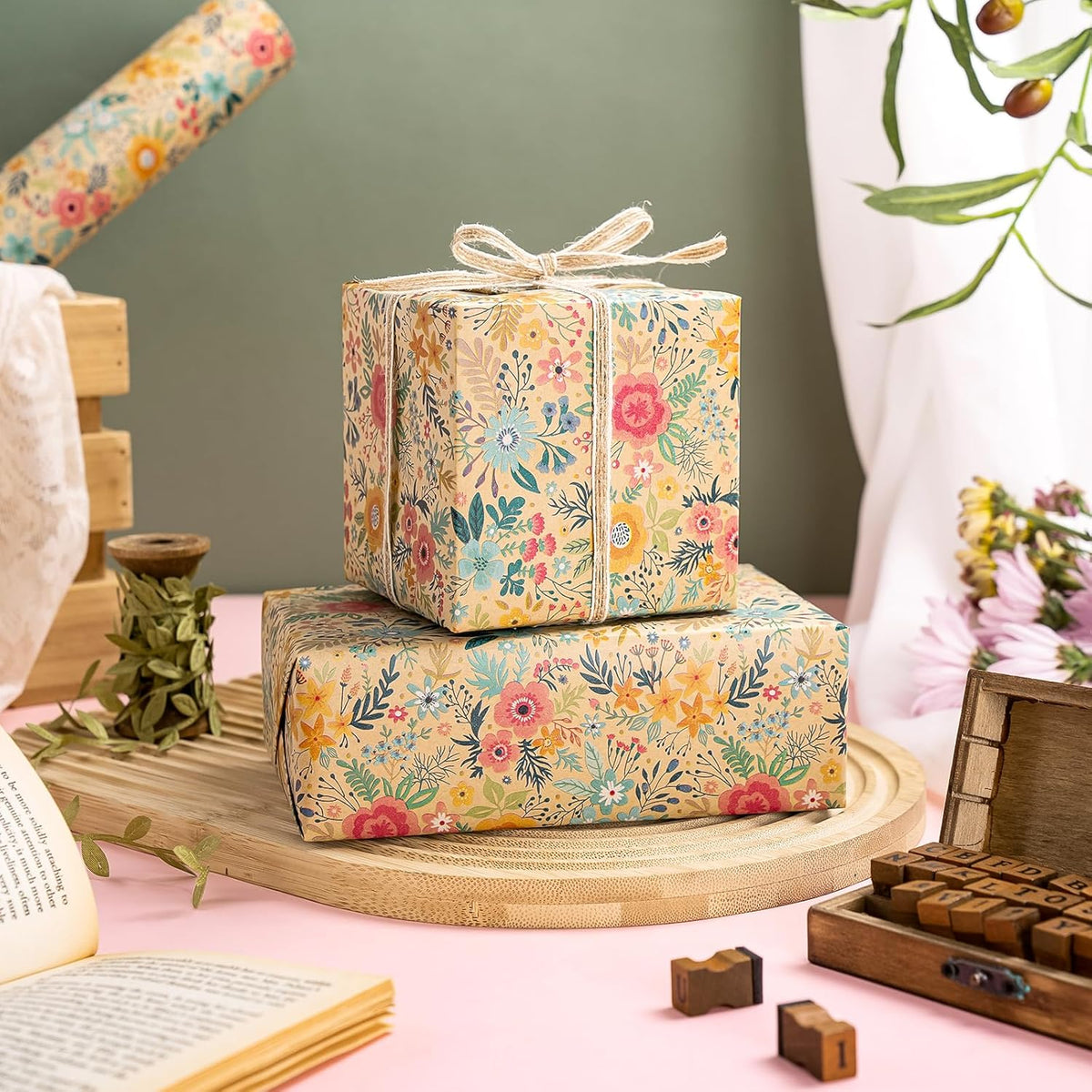 WRAPAHOLIC 30 Inch Jumbo Kraft Floral Wrapping Paper Roll - 30 Inch x 33 Feet - Spring Summer