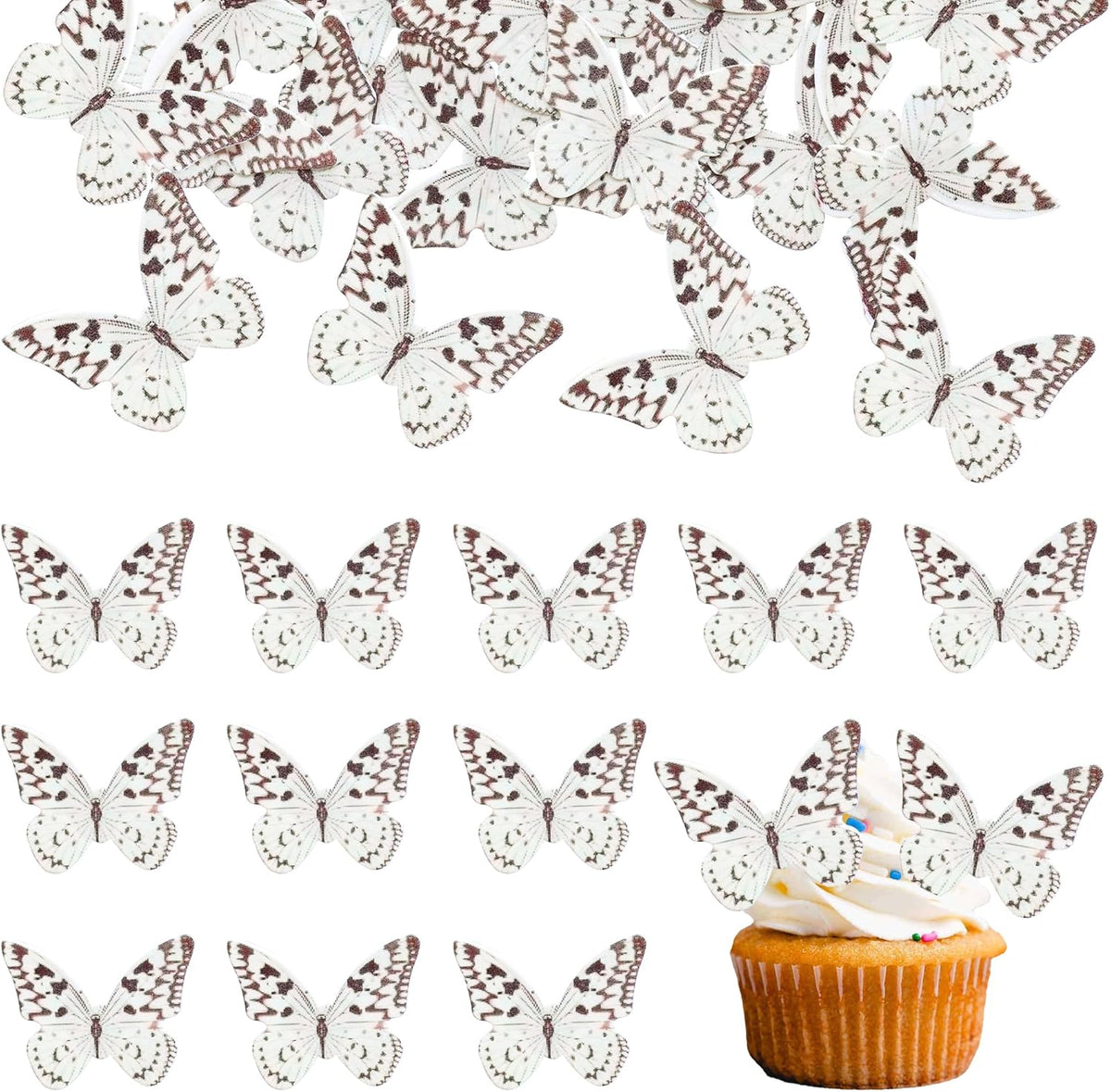 Ephlyn 48Pcs Edible Wafer Paper Butterflies for Cupcake Toppers Picks Edible Butterfly Cake