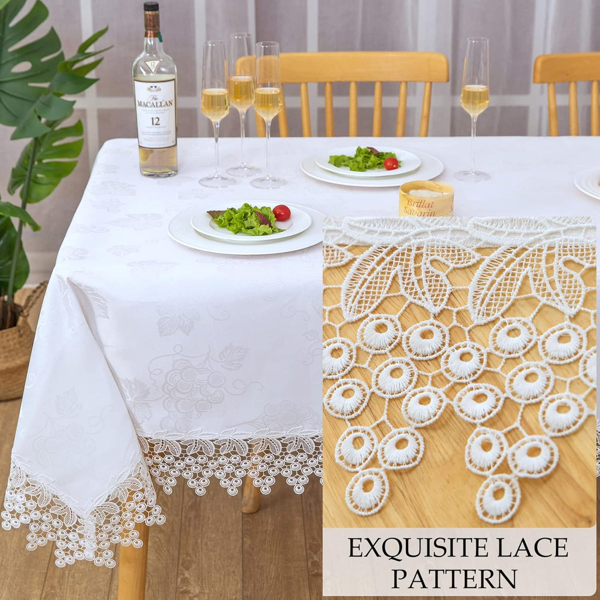 White lace Premium Rectangle Farmhouse Tablecloth Waterproof OilProof SpillProof AntiShrink Soft