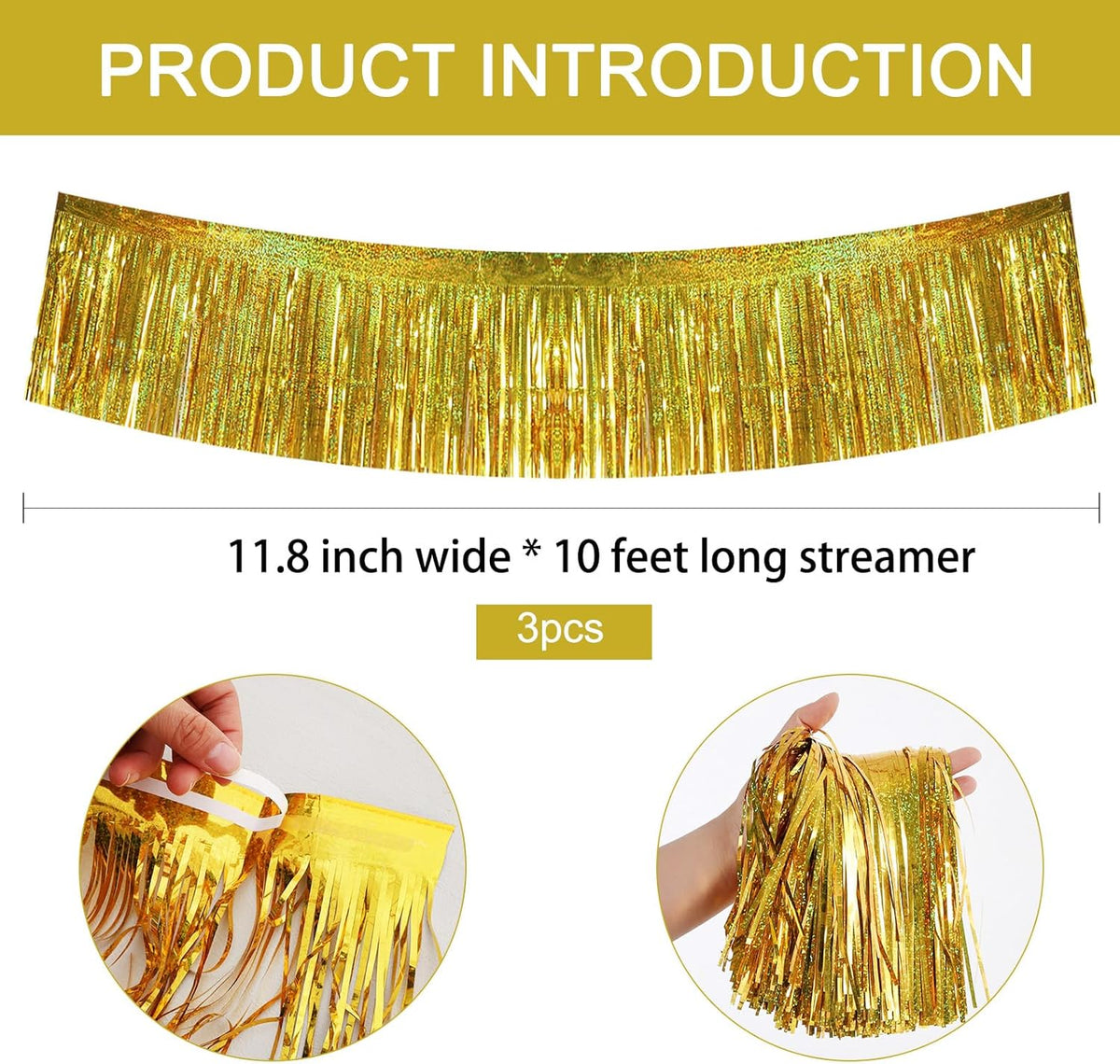 BEISHIDA 3 Packs 30 Feet Metallic Foil Fringe Garland Tinsel Streamers，Laser Gold Wall Hanging
