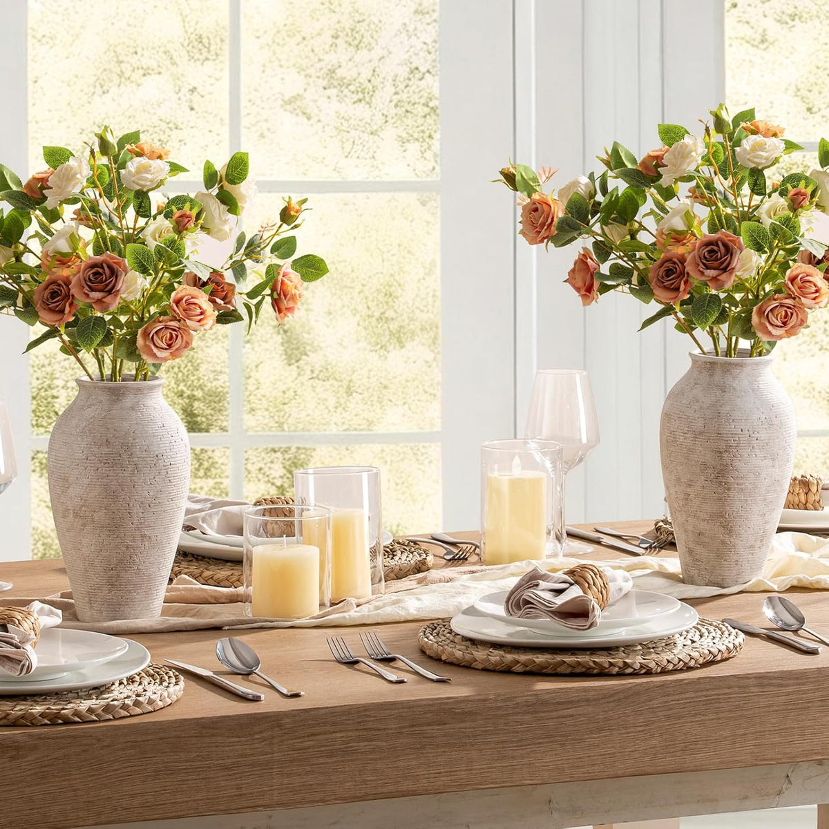 Ceramic Flower Vase Home Decor - Large Tall Farmhouse Table Vases Rustic Vintage Living Room