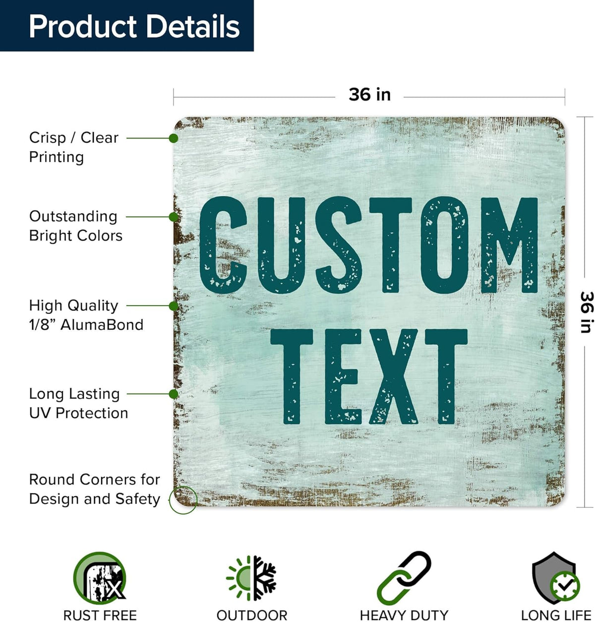 Custom Sign, Custom Street Sign, 11 Font Colors, 13 Font Styles, 4 Hole Options, 22 Sizes, 36x36