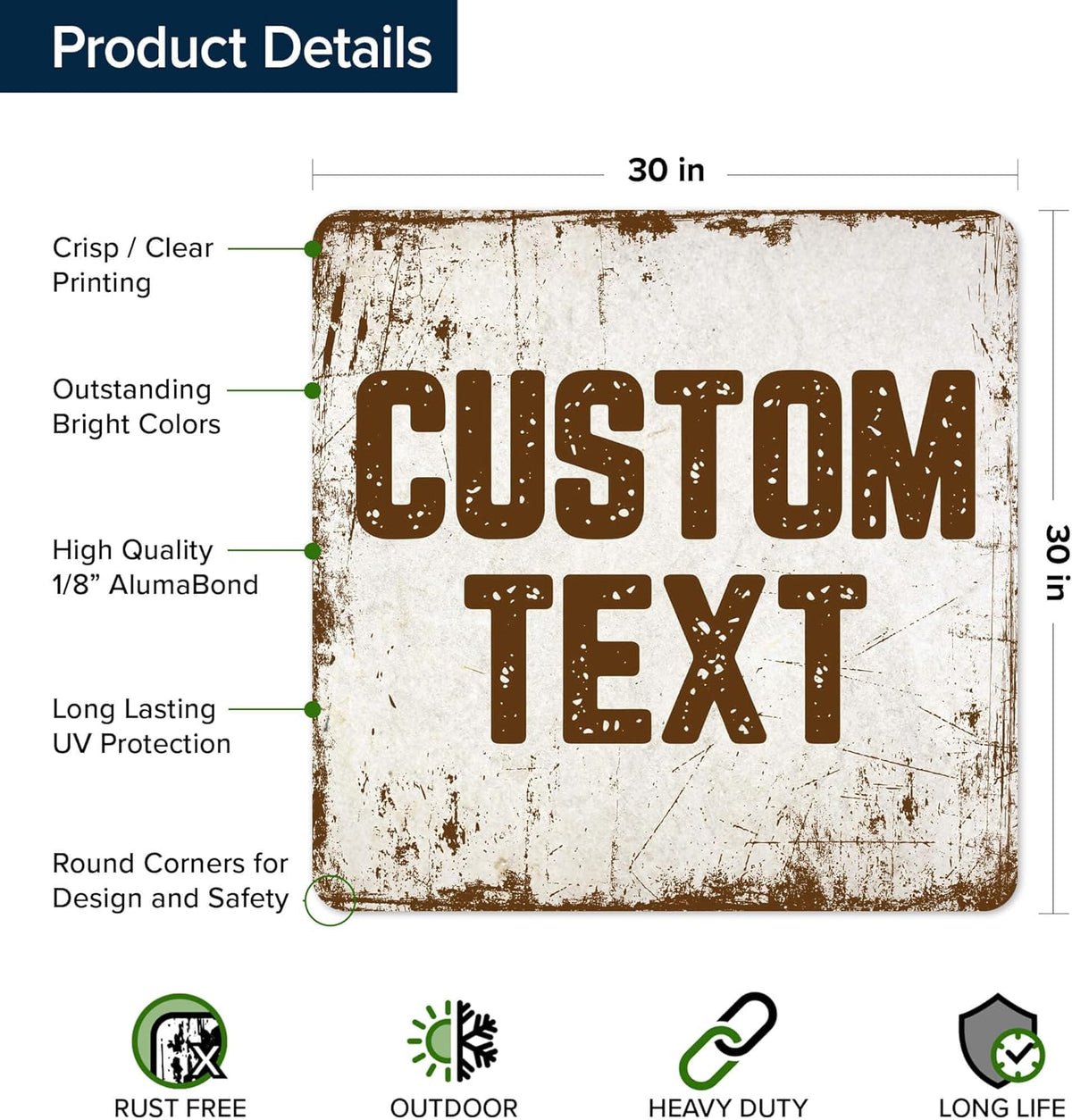 Custom Sign, Custom Street Sign, 11 Font Colors, 13 Font Styles, 4 Hole Options, 22 Sizes, 30x30