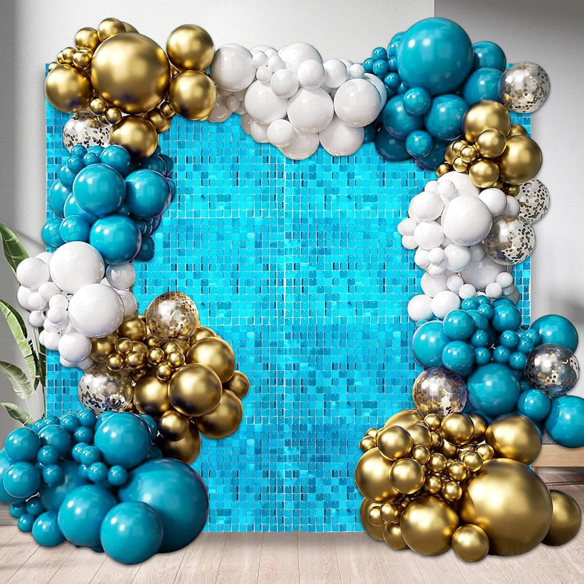12PCS Lake Blue Shimmer Wall Backdrop, Square Sequin Photo Backdrops Panel, Glitter Wall Background