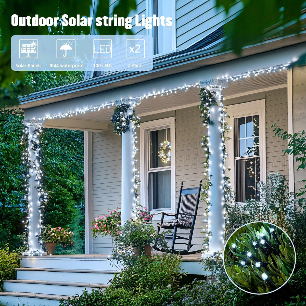 JMEXSUSS 2 Pack White Solar String Lights, Each 100 LED 33ft Green Wire Solar Lights Outdoor