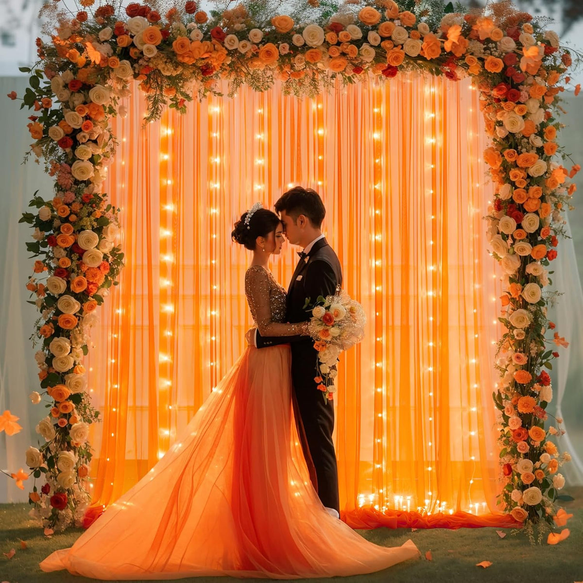Orange Tulle Backdrop Curtain with Lights String for Parites 10x8ft Sheer Backdrop Curtains Drapes