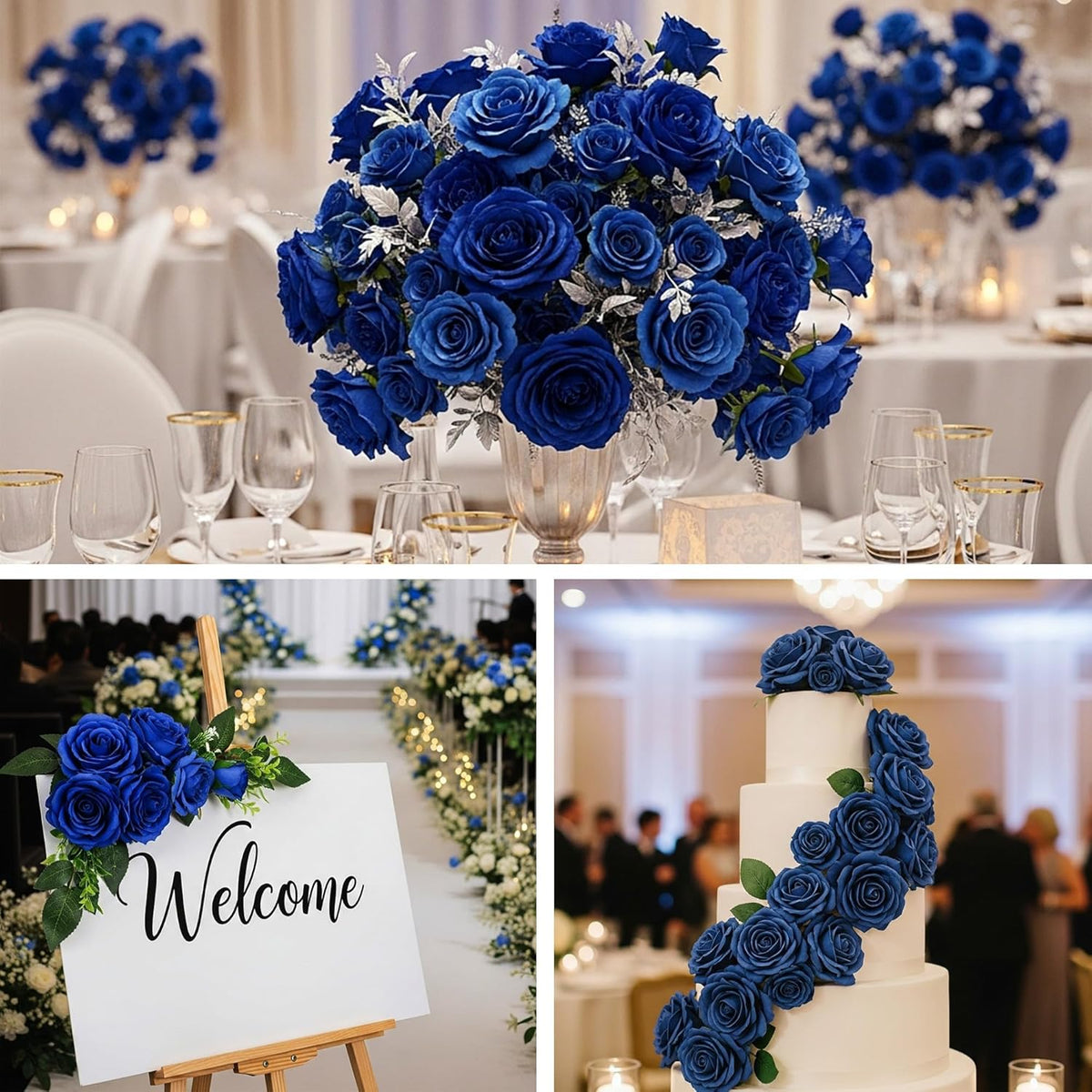 Auihiay 60PCS Fake Blue Roses, Artificial Blue Flowers, Silk Faux Rose with Long Stems for Wedding