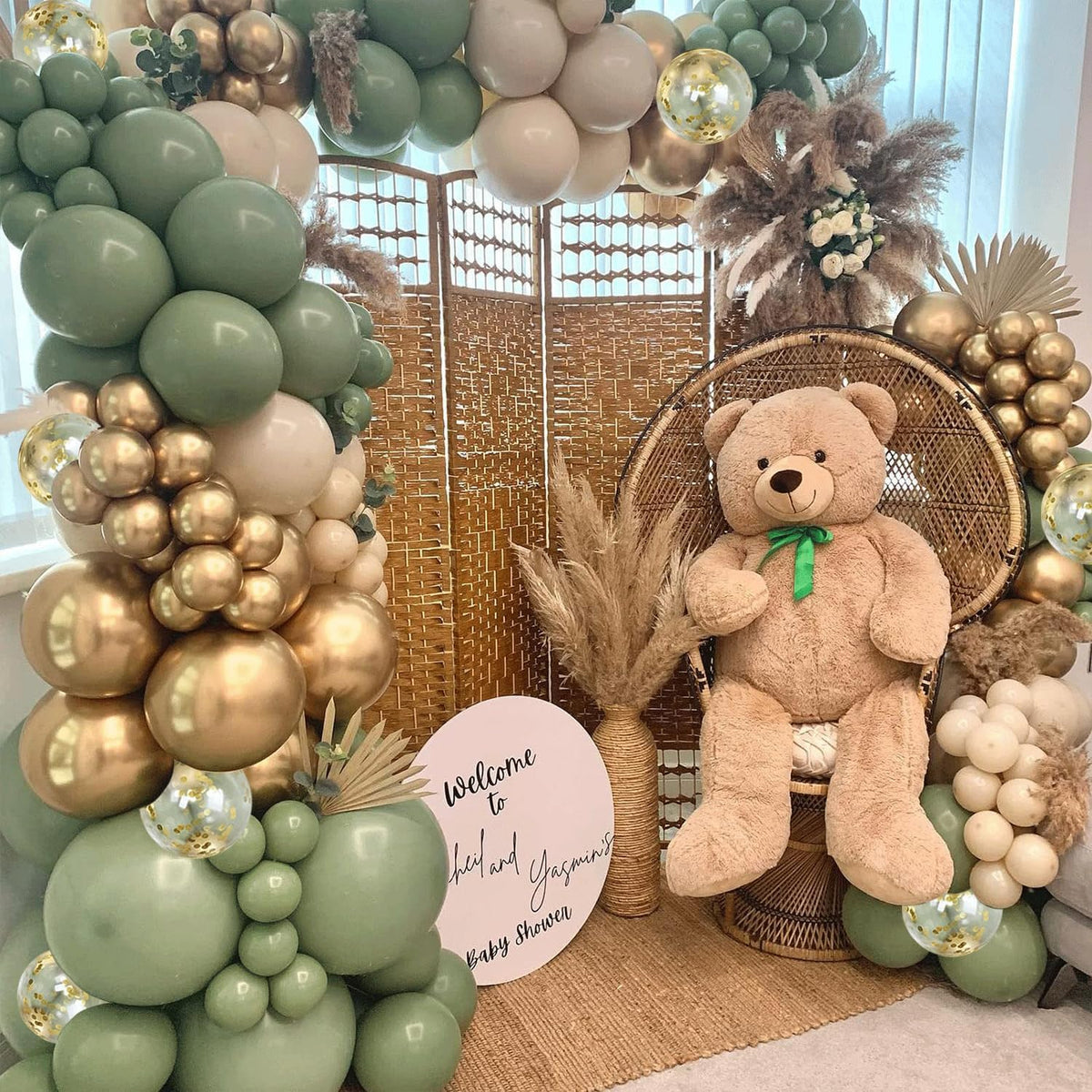 Sage Green White Sand Balloon Arch Kit, Green Beige Gold Metallic Balloons Garland Kit with Gold