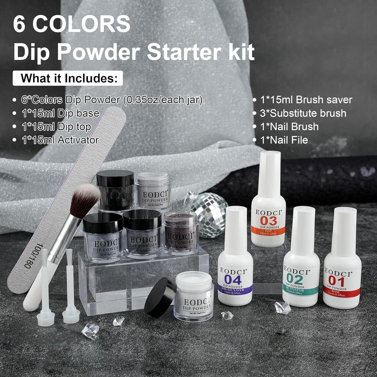 Dip Powder Nail Kit Starter, 6 Colors Glitter Dark Black White Dipping Powder Kit With Base & Top