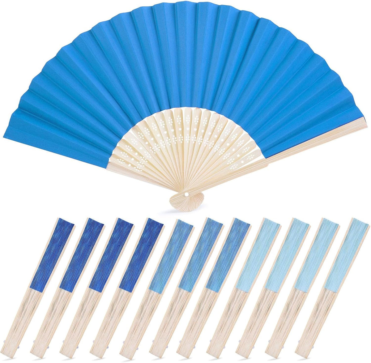 JOHOUSE 12Pcs Blue Paper Folding Hand Fans, 8.3 Inch Handheld Portable Decorative Fans for Wedding