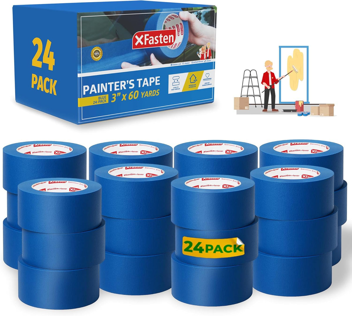 XFasten Blue Painters Tape Bulk 3-Inch x 60-Yards (24-Pack, 4320ft Total) Wall Safe, 3 Inch Wide
