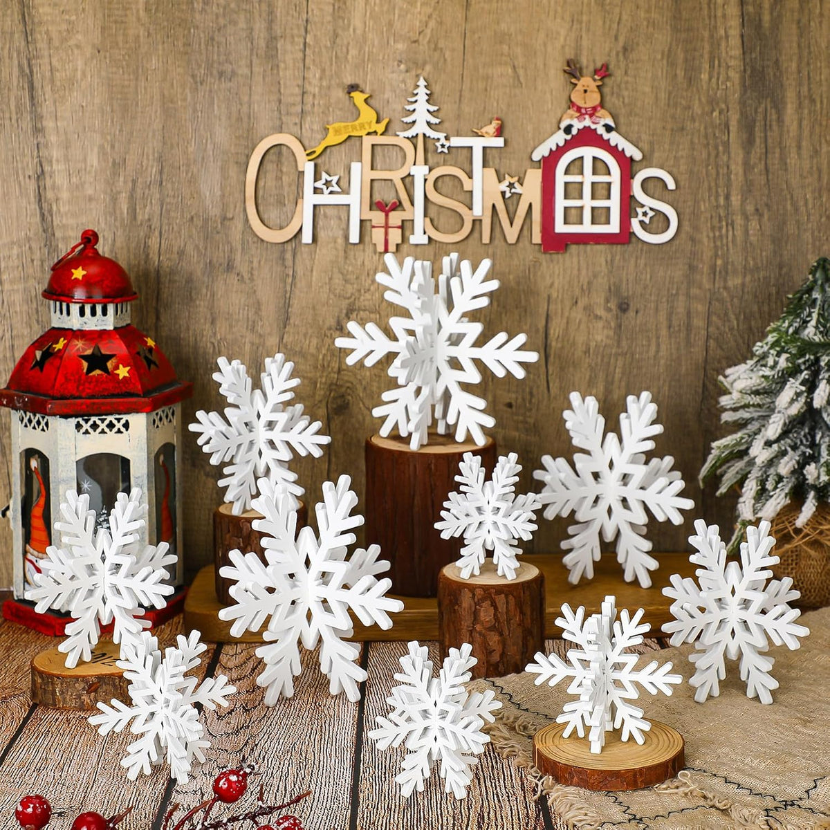 Qunclay 20 Pcs Wooden Snowflake Decorations 3D Snowflake Tabletop Decor Christmas Signs and