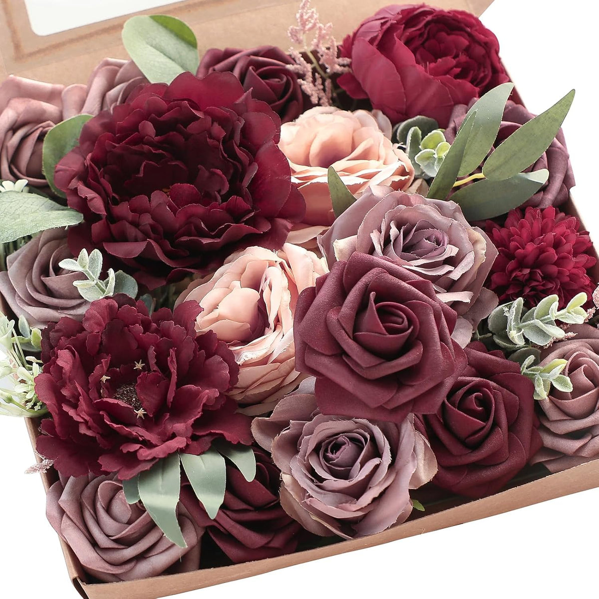 Floroom Burgundy Mauve Artificial Flowers Marsala Fake Roses Peonies and Greenery Combo Box Set for