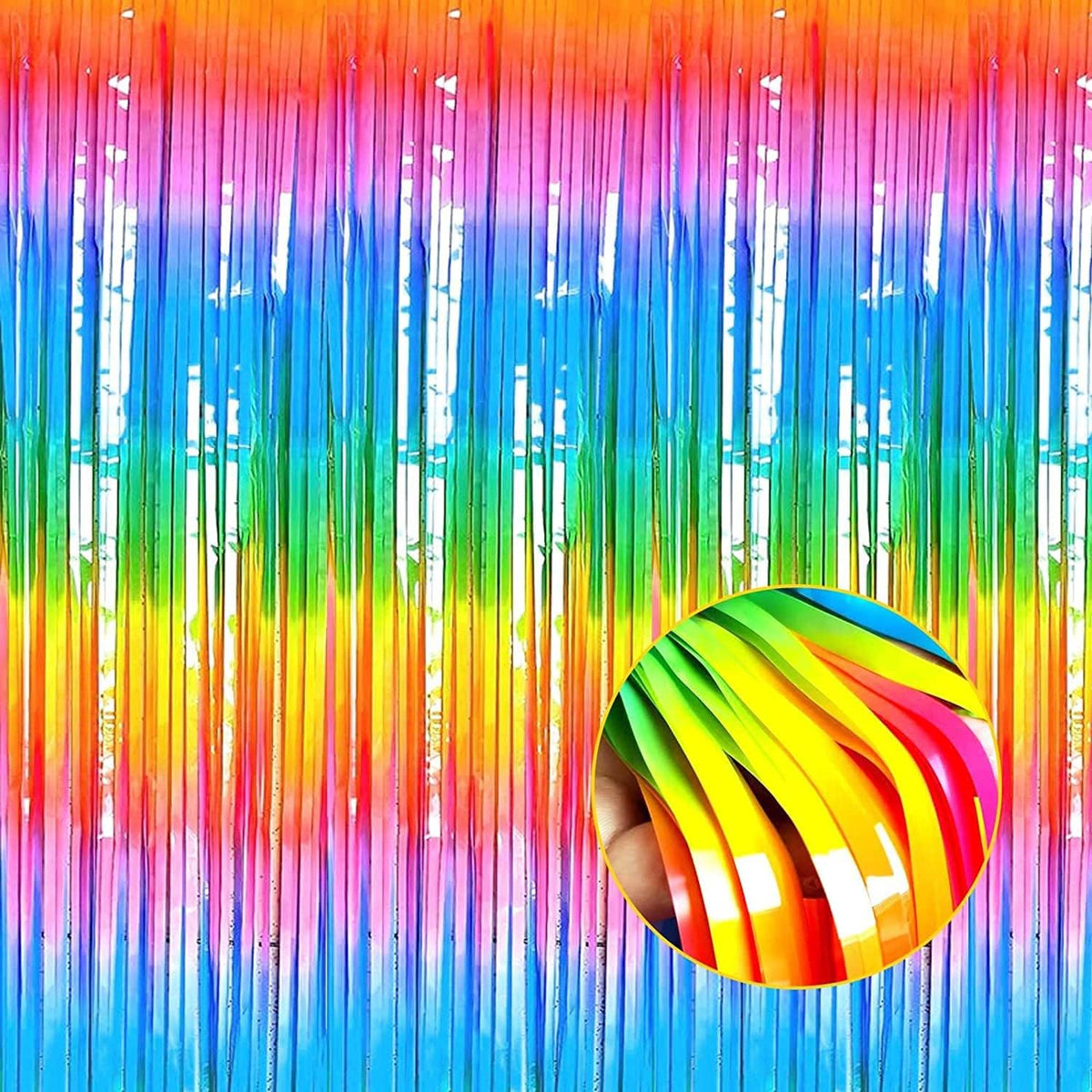 4 Pack Rainbow Tinsel Foil Fringe Curtain Backdrop, 3.28Ft x 8.2Ft Colorful Metallic Streamers for