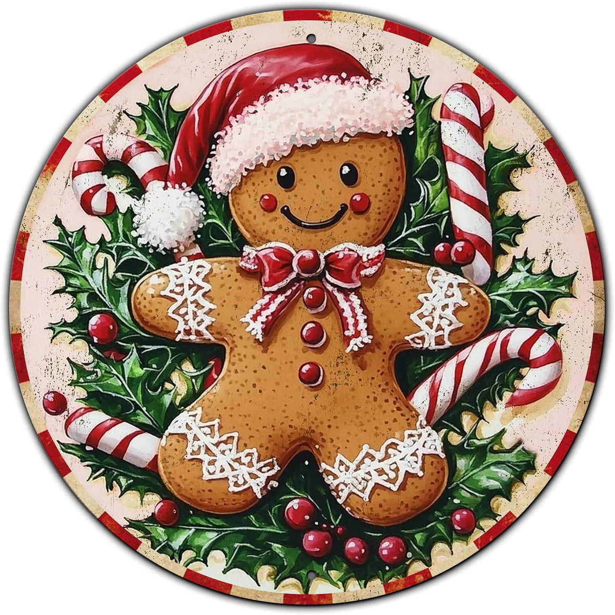 Round Christmas Metal Tin Sign Rustic Wall Decor Gingerbread Man Vintage Tin Sign Candy Canes
