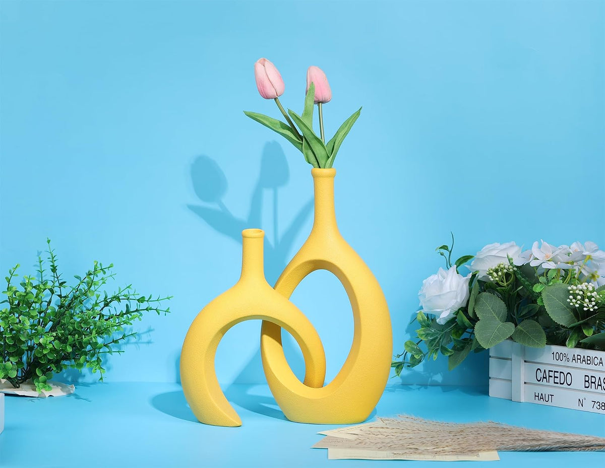 WUBIANJIE Yellow Ceramic Vase - Modern Boho Decor, Mustard Yellow, Round, Anti-Slip Base, Perfect
