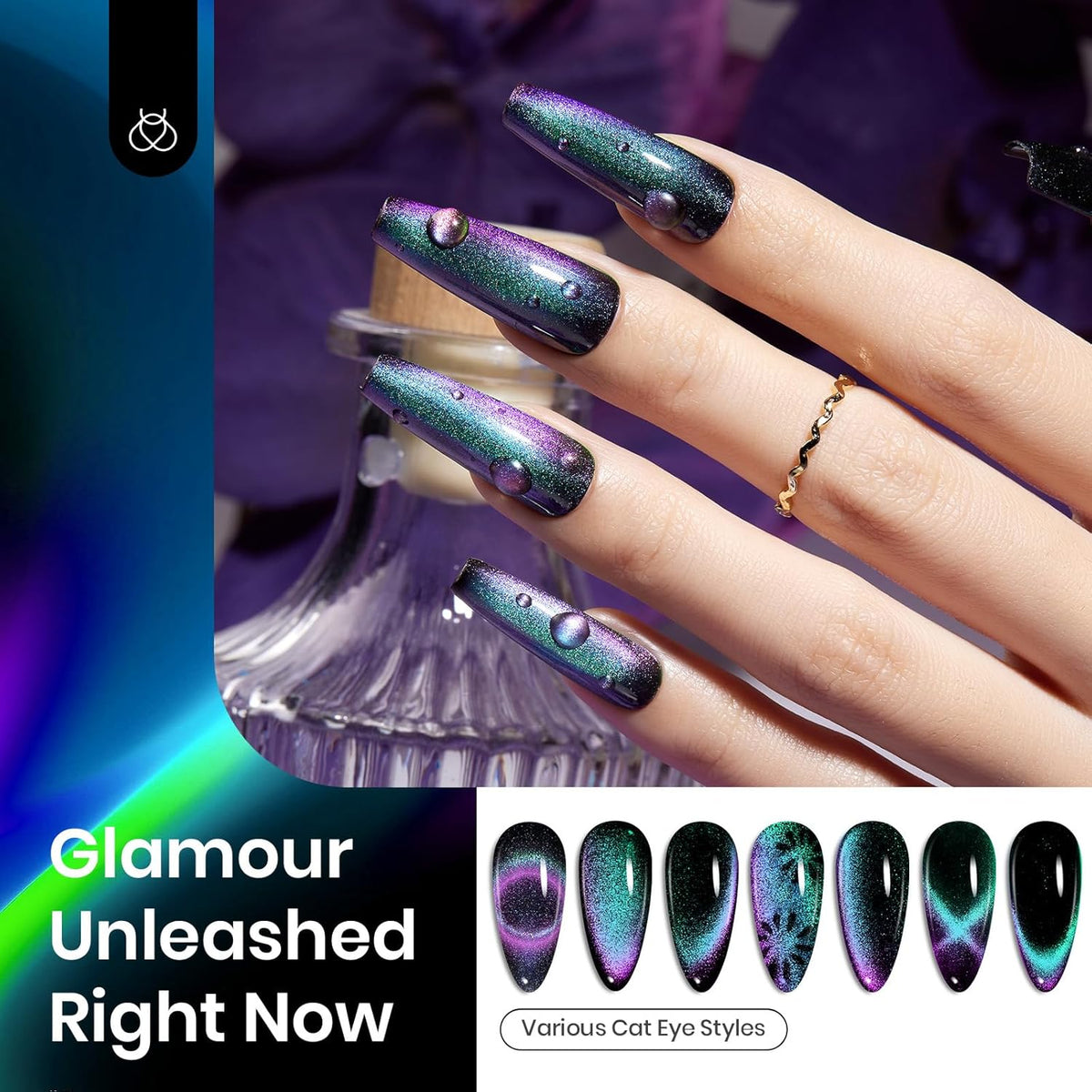 Beetles Cat Eye Chrome Nail Powder Set, 2 in 1 Holographic Metallic Mirror Effect Chameleon Galaxy