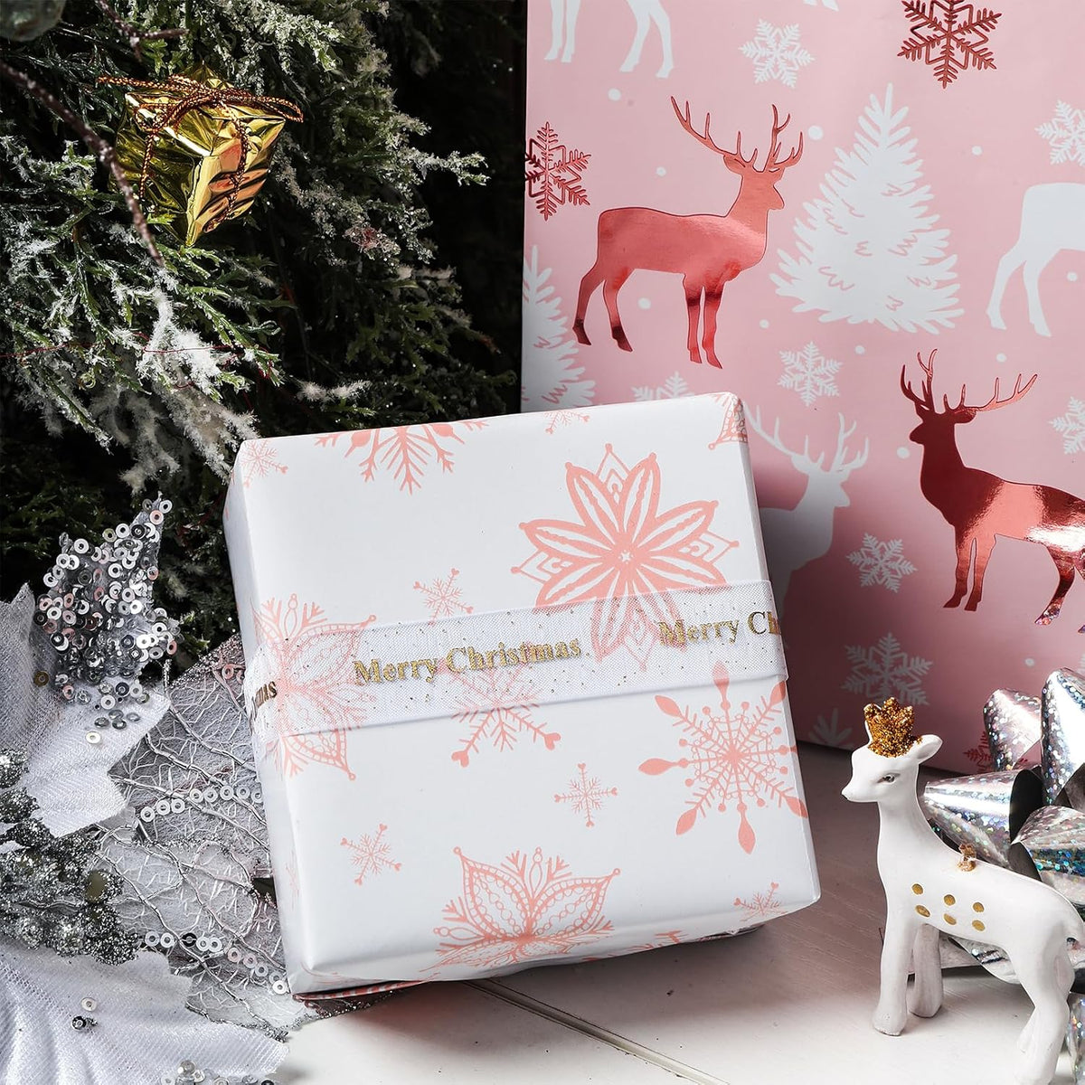 LeZakaa Christmas Pink Wrapping Paper Mini Roll, Reindeer & Snowflake, Metallic Foil, Rose Gold