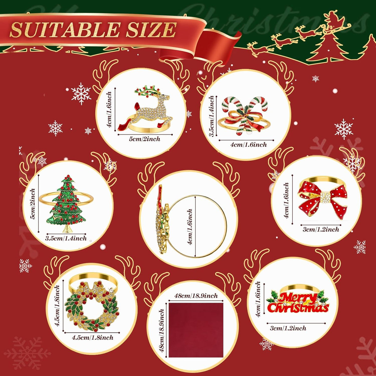 KPOSIYA 12PCS Christmas Napkin Rings Set of 6 and 6pcs Red Napkins Cloth, Metal Xmas Napkin Ring