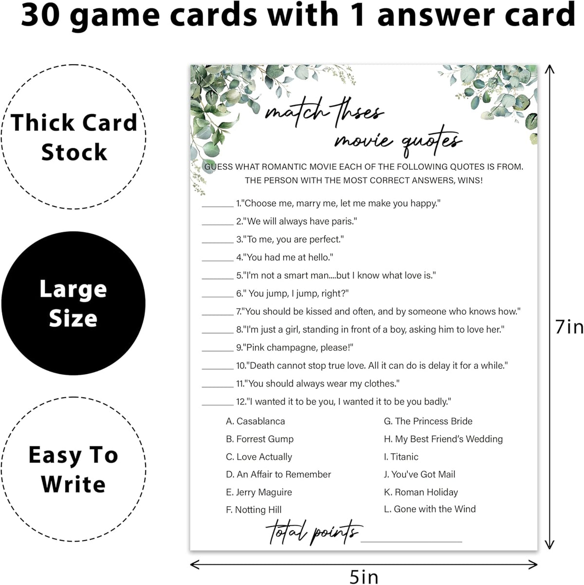 Eucalyptus Bridal Shower Game Cards - Match These Movie Quotes, Wedding Engagement Bachelorette