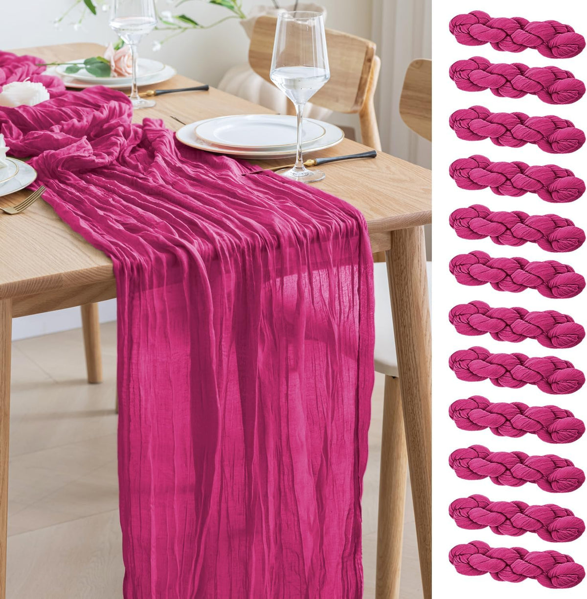 Asee'm 12pcs Cheesecloth Table Runner 120 Inches Long Fuchsia Boho Gauze Cheese Cloth Runner 10FT