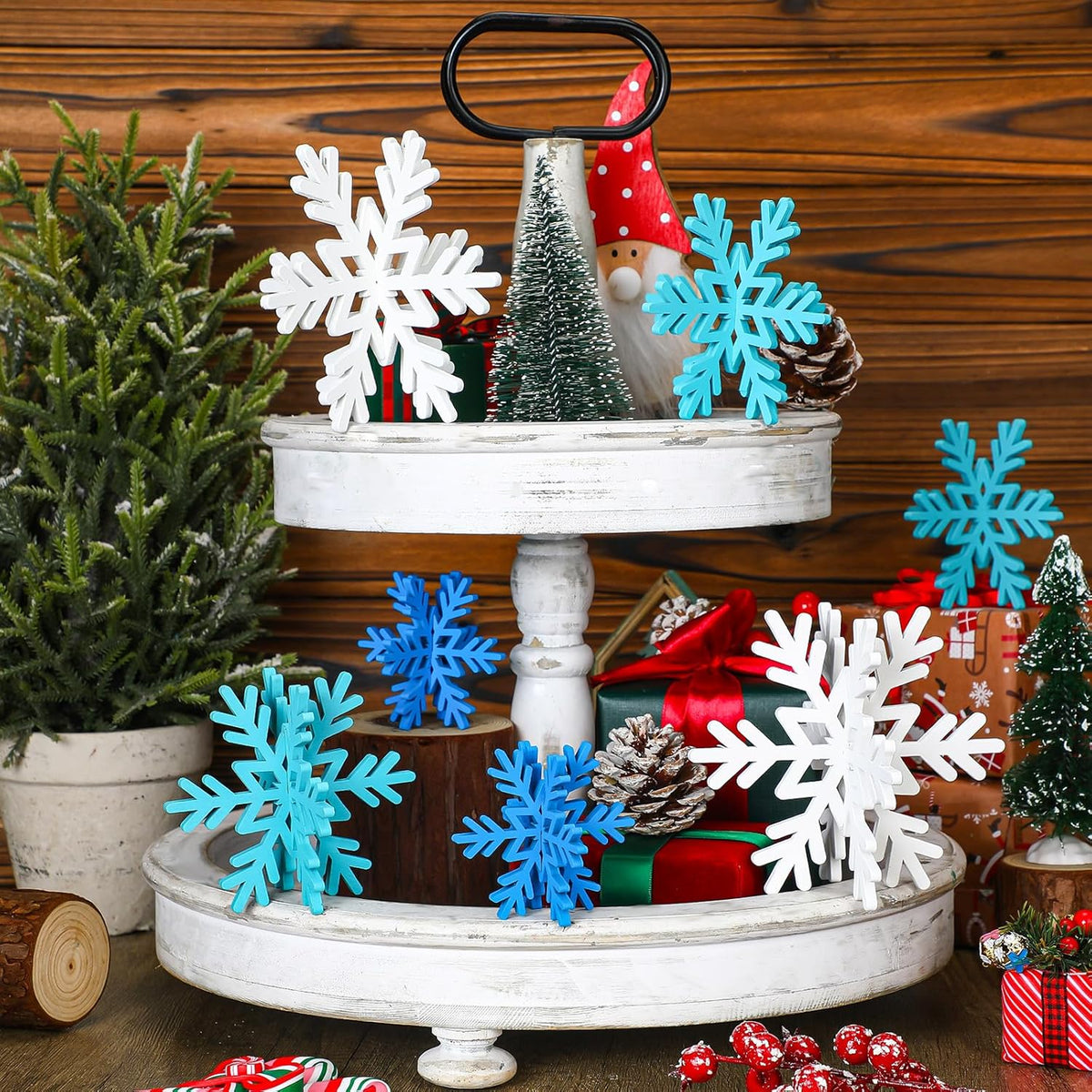 Qunclay 20 Pcs Wooden Snowflake Decorations 3D Snowflake Tabletop Decor Christmas Signs and