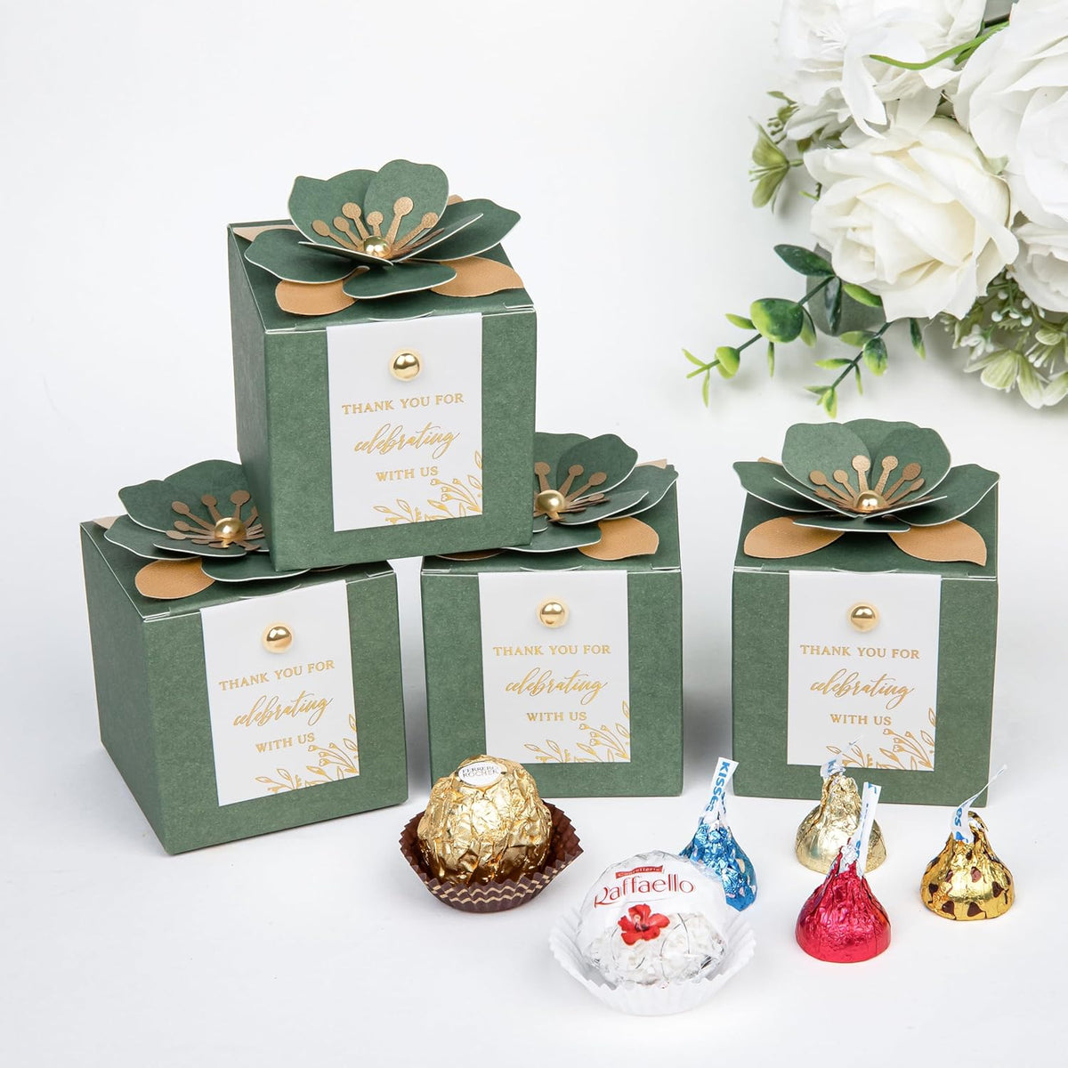 FEIYI 20 PCS Favor Boxes, 3 In 1 Olive Green Candy Boxes with Floral Decor, White Thank You Tags