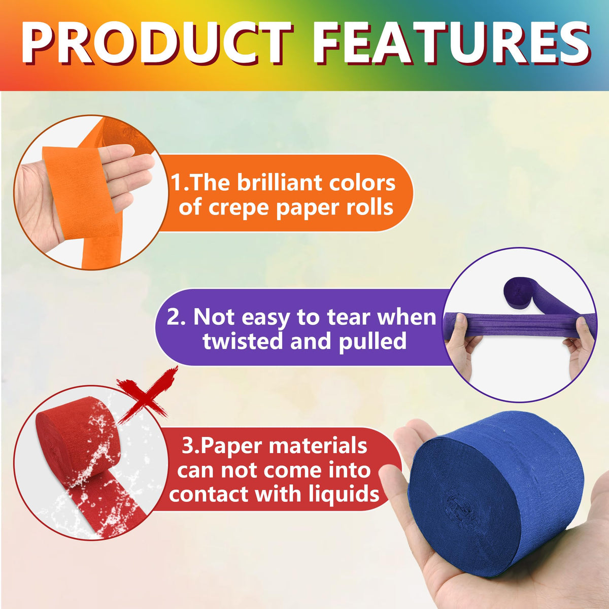 12 Rolls Crepe Paper Streamers, 12 Colors Streamers Party Supplies for Birthday Party Baby Shower