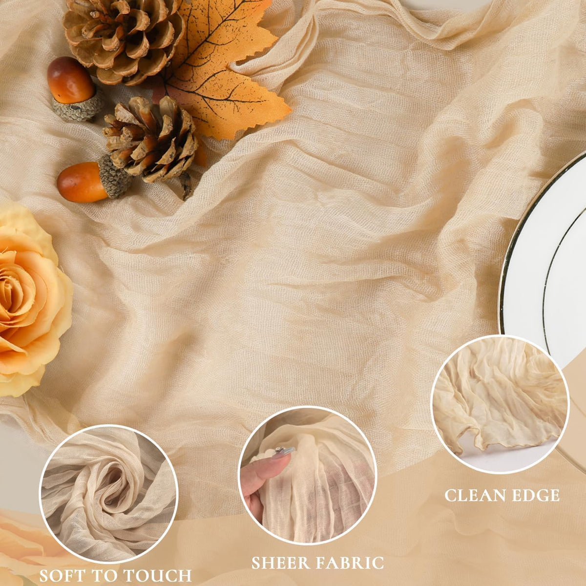 12 Pack Champagne Cheesecloth Table Runner 35x120 Inches, Fall Thanksgiving Cheese Cloth Table