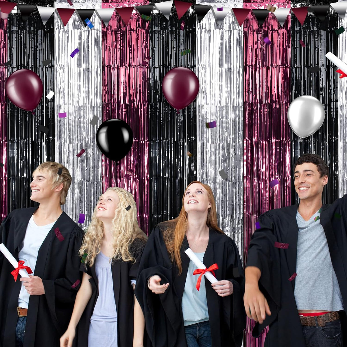 3 Pack 3.3Ft x 6.6Ft Graduation Foil Fringe Curtain Backdrop Decorations, Maroon Black Silver
