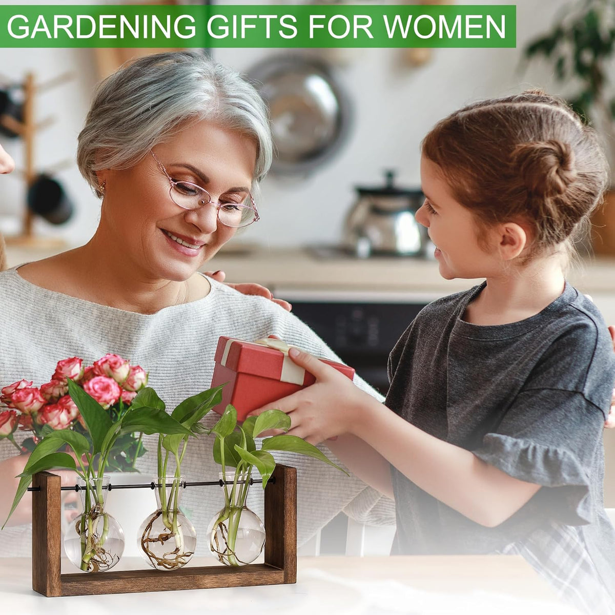 YIBOT Plants Propagation Stations,Plant Terrarium with Wooden Stand Wall Hanging Glass Planter