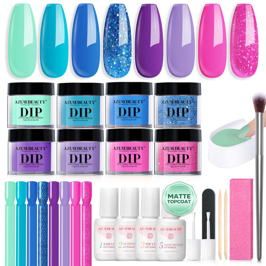 AZUREBEAUTY Dip Nail Powder Starter Kit with Matte Coat, 8 Colors Hot Pink Blue Purple Glitter