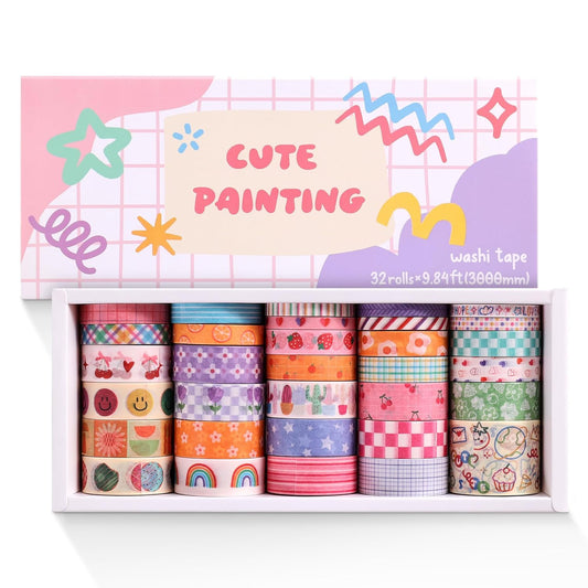 32 Rolls Colorful Cute Floral Writable Washi Tape Set, Decorative Tapes for Scrapbooking and