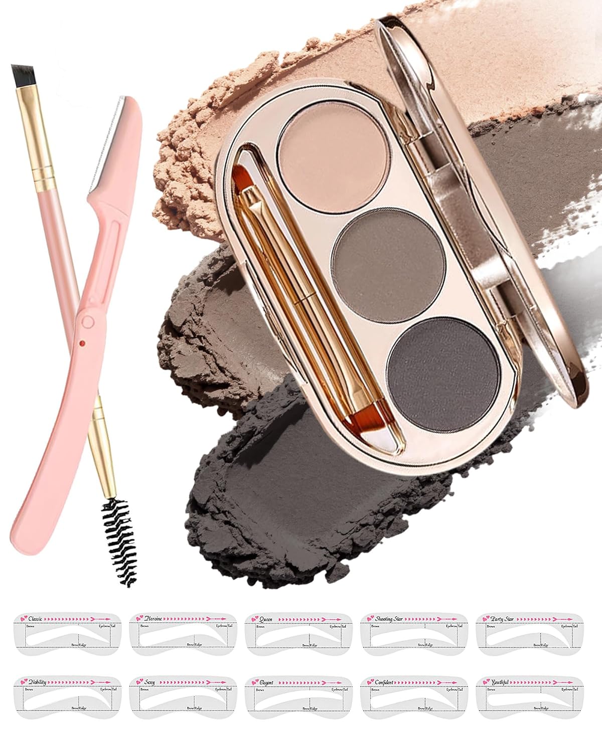 Waterproof Eyebrow Powder Kit - 3 Colors Long-Lasting Brow Powder Palette with Brush Razor &