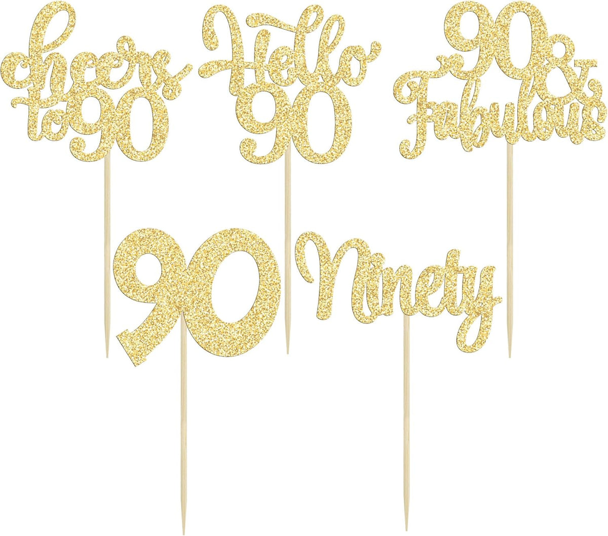 30pcs Happy 90th Birthday Cupcake Toppers - Gold Glitter Ninety Cheers to 90 Years Old Cupcake