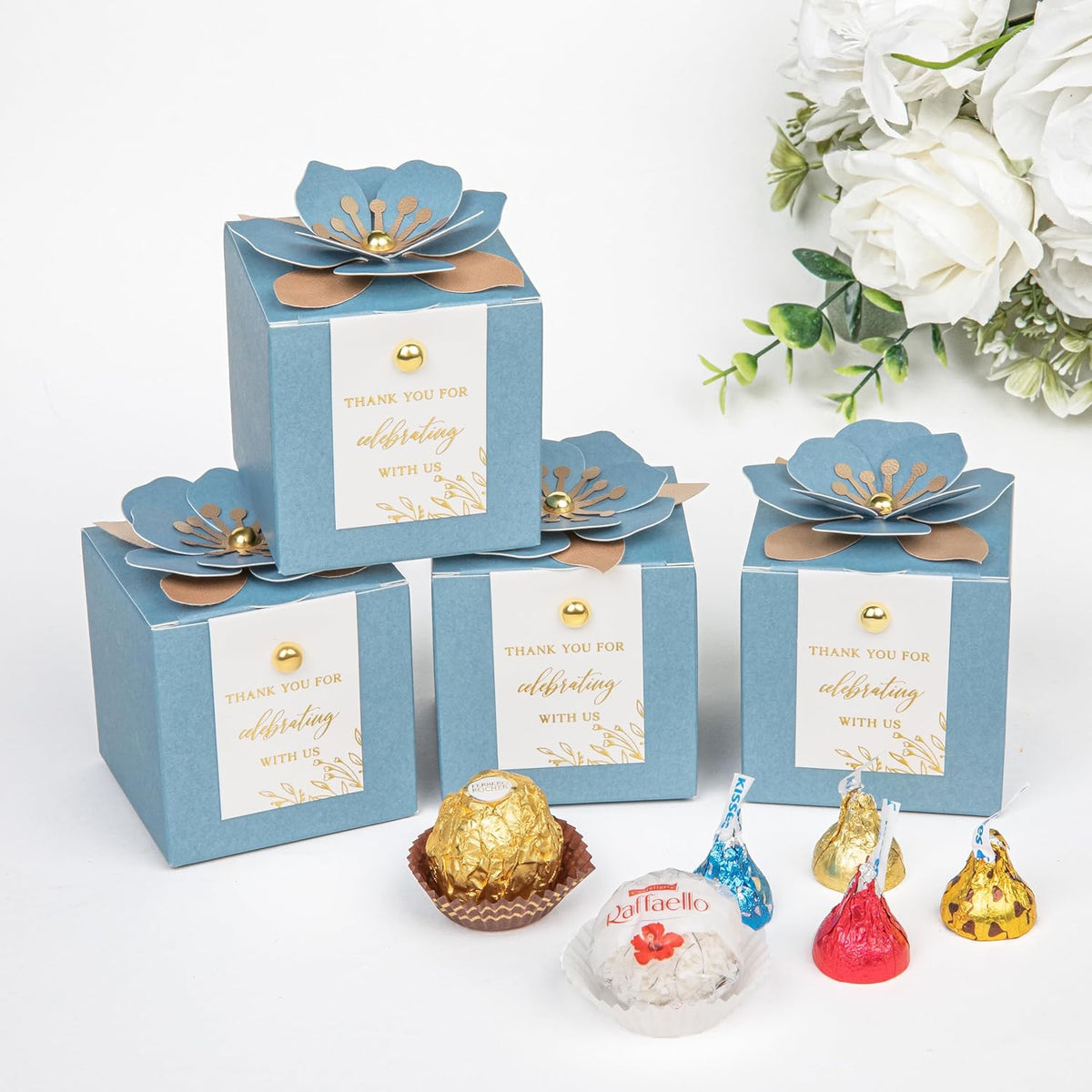 FEIYI 20 PCS Favor Boxes, 3 In 1 Dusty Blue Candy Boxes with Floral Decor, White Thank You Tags