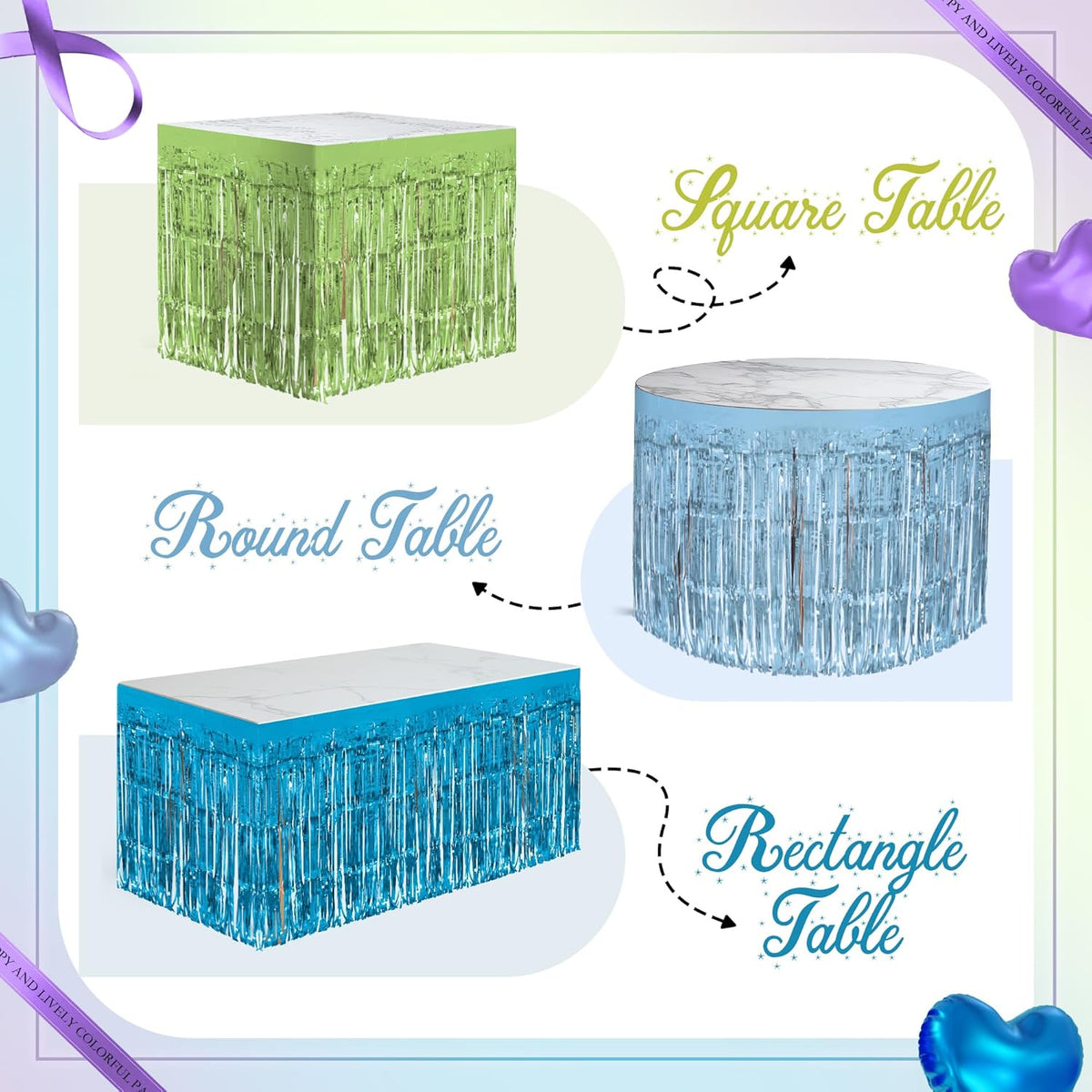 4 Pack Blue Lime Green Purple Series Table Skirts, 29x108" Metallic Foil Tinsel Fringe Table Skirt