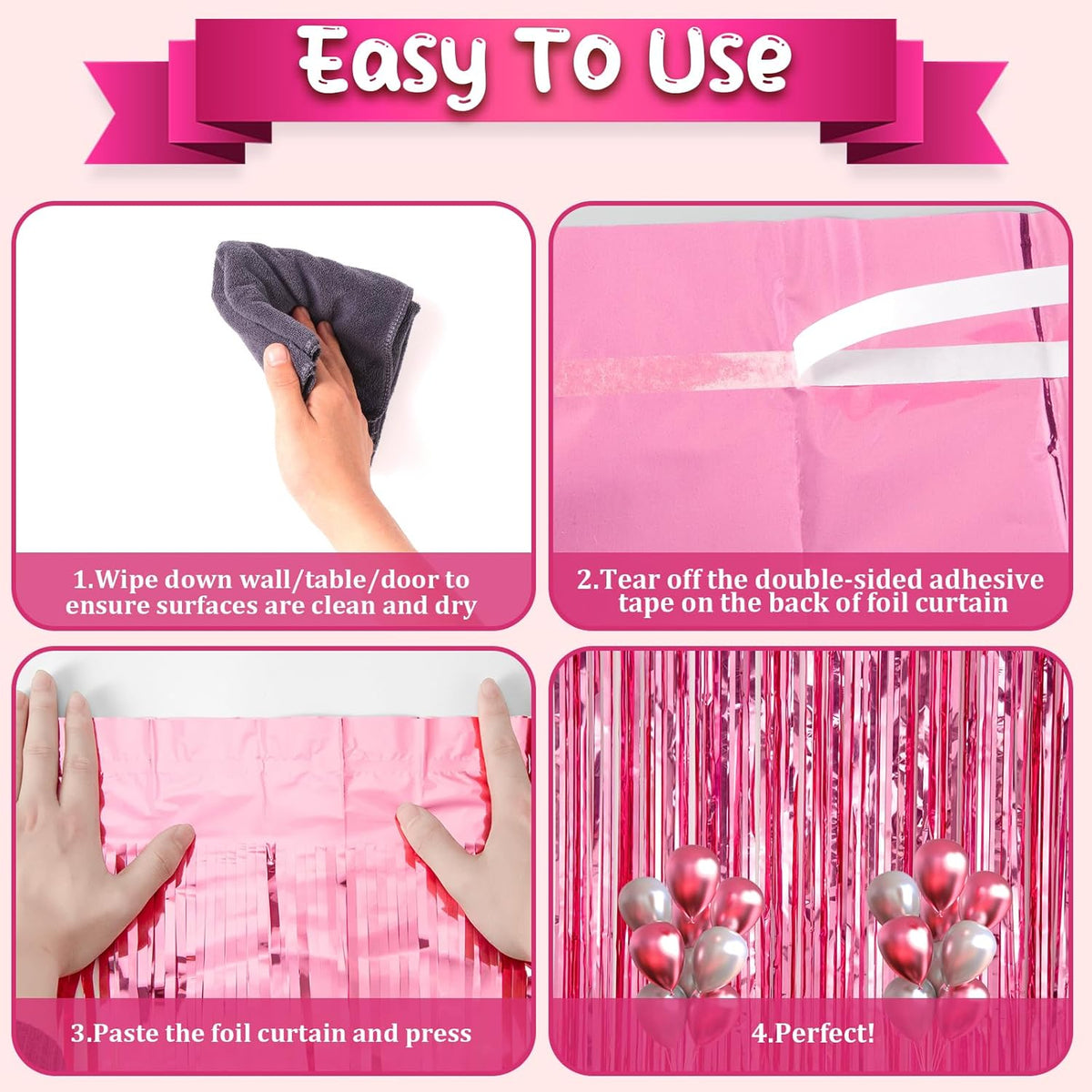 2 Pack Pink Tinsel Foil Fringe Curtains, Pink Party Decorations, Metallic Tinsel Party Streamers