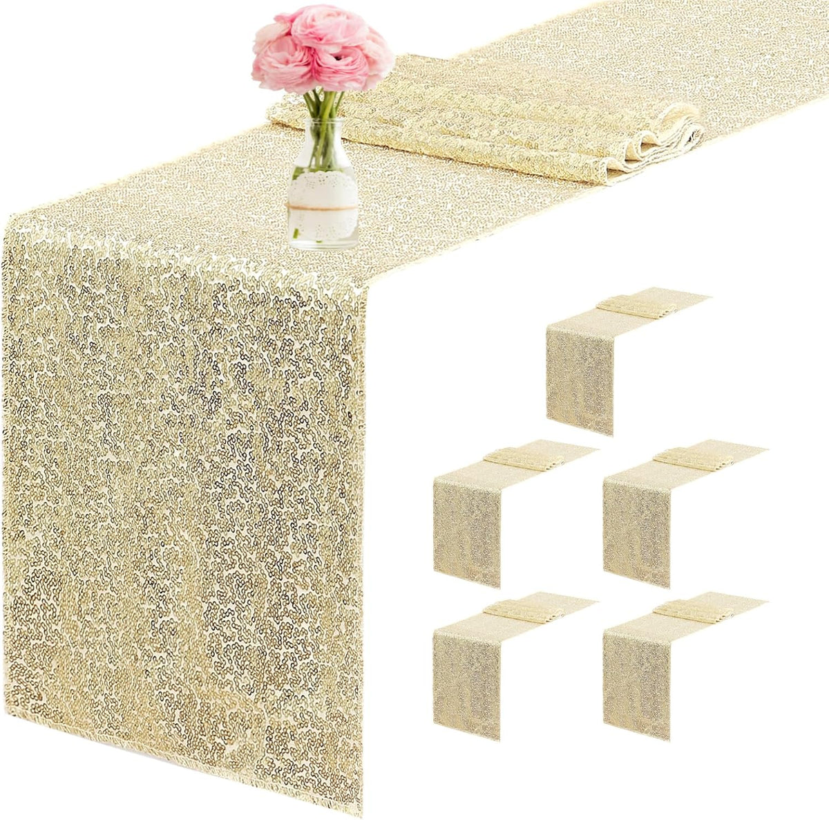 6 Packs 12 x 72 inches Sequin Table Runner, Champagne Glitter Table Runner for Birthday Party