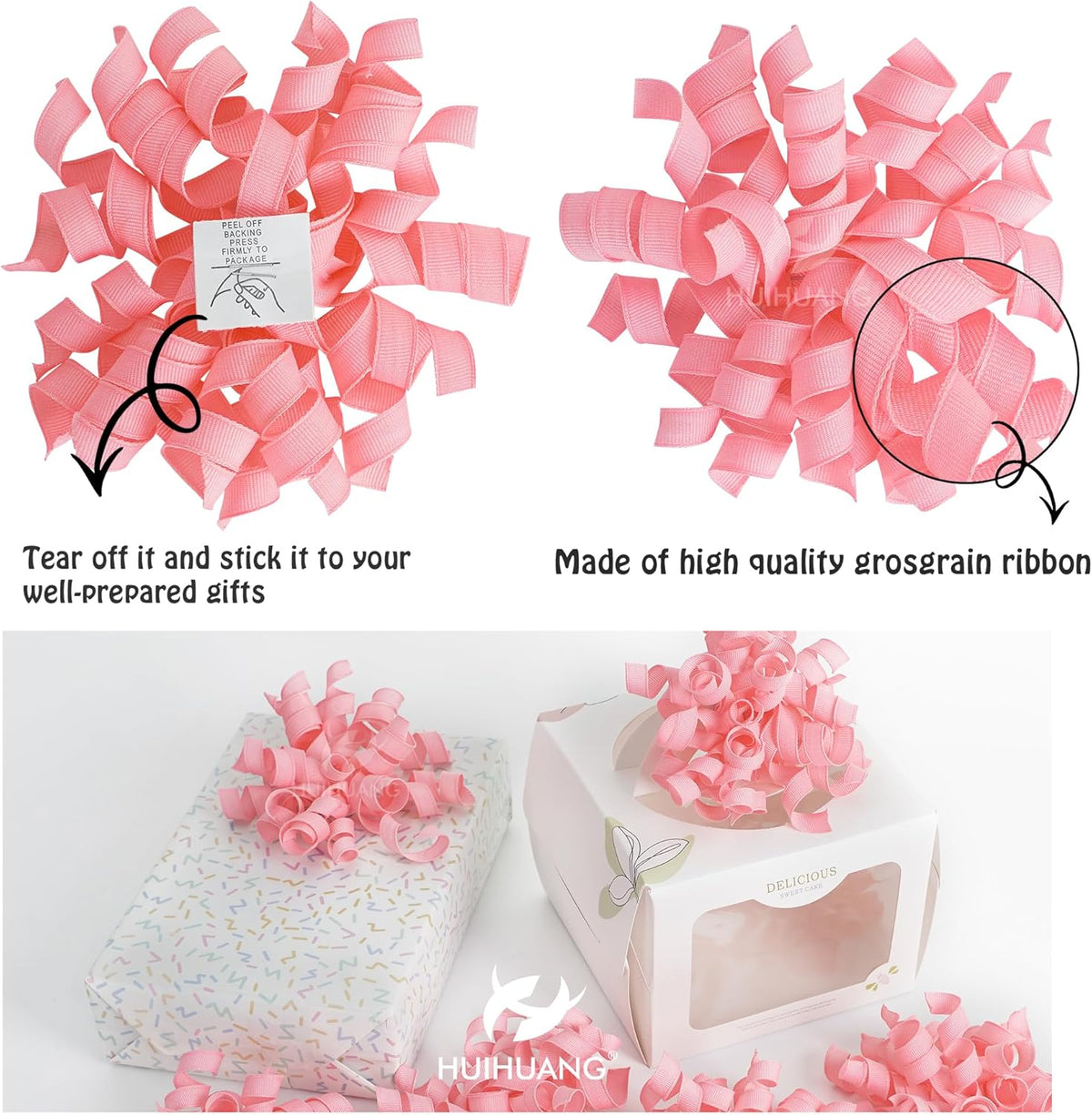HUIHUANG Pink Bows for Gift Wrapping, Pink Curly Ribbon Bows Self Adhesive Burst Gift Bow for