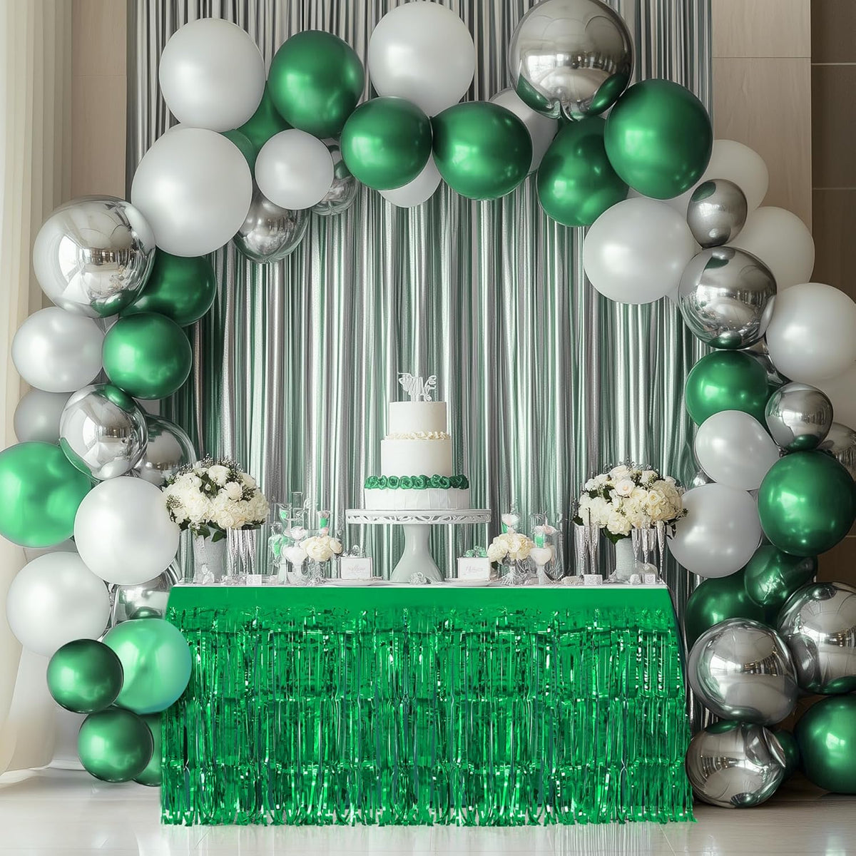 2 Pack Red Green Table Skirts, 29x108" Metallic Foil Tinsel Fringe Table Skirt for Rectangle Tables